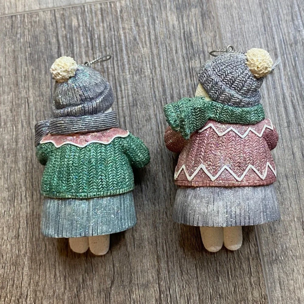 Vintage Style Snowman Girl Bell Ornaments Set of 2 Glitter Knit Sweater Winter